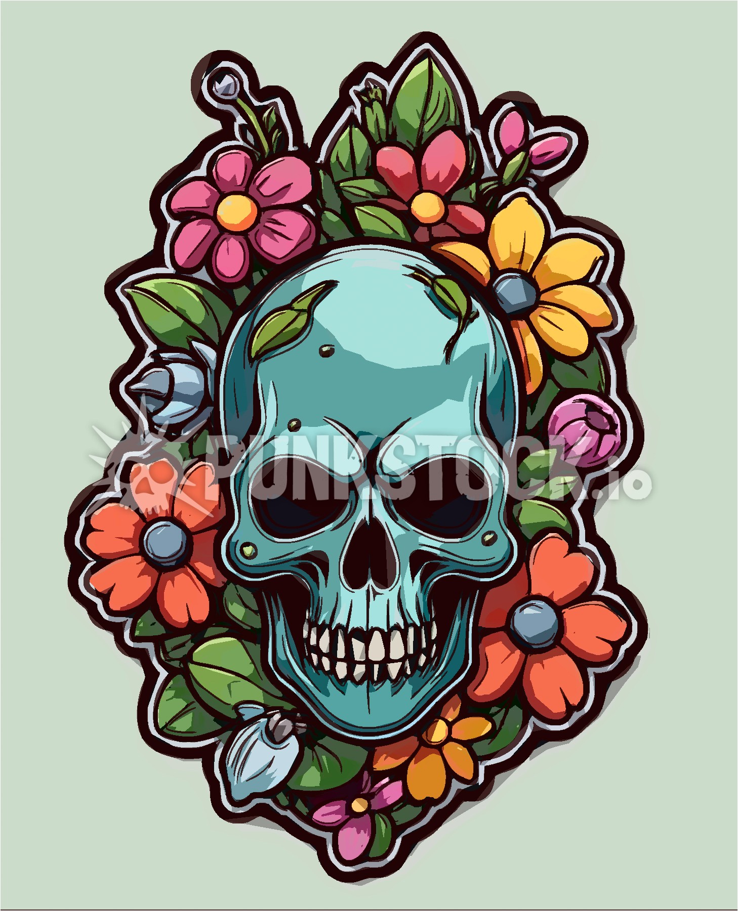 Skull blue flowers vector graphic