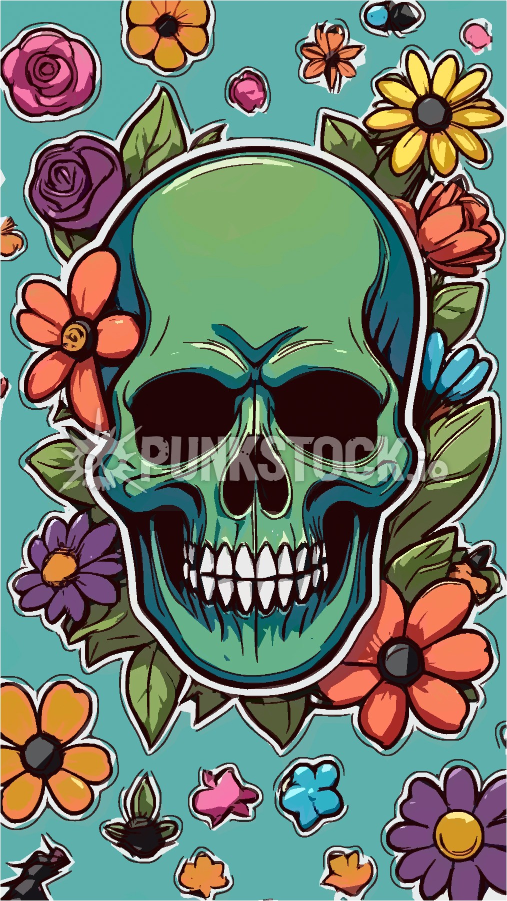 Skull green flowers vector graphic